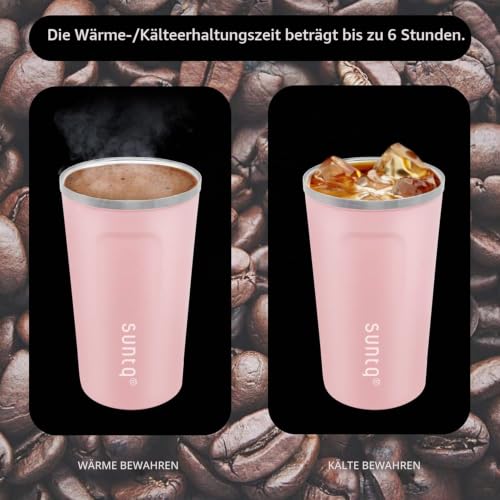 Foto von SUNTQ Kaffeebecher to go aus Edelstahl - Thermobecher Doppelwand Isoliert - Kaffeetasse mit Auslaufsicherem Deckel Wiederverwendbar (Rosa, 510ml)