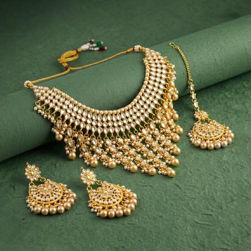 Image of Peora Kundan & Beads Studded Necklace Earrings & Maangtikka Set Ethnic Jewellery for Women & Girls