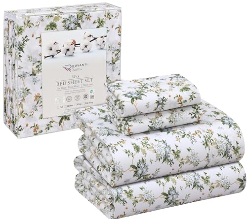 RUVANTI 100% Cotton King Size Sheets Set, 4 Pieces, Soft & Breathable Percale Weave Bedding, Deep Pocket 16", Hotel Standard, Crisp Cool Feel, Durable, Perfect Floral Bed Sheet, Heritage