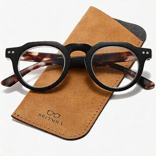 JOLLYNOVA Reading Glasses RT95 for Men & Women Round Blue Light Blocking Readers Lightweight Spring Hinge UV Protection (Black Tortoise & Single Vision 1.5 Diopters)