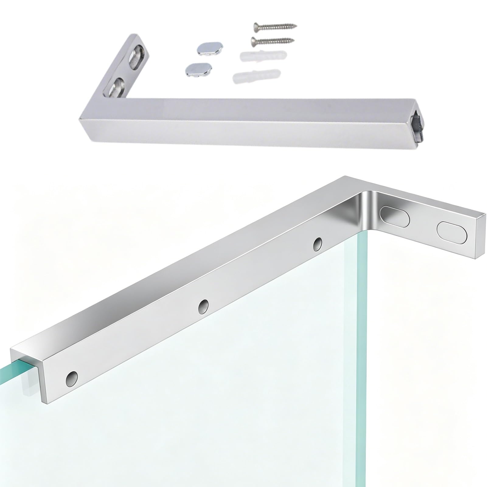 Barra de Soporte para mampara de Ducha, Soporte en L Impermeable para Panel de Vidrio, Abrazadera Estable de Pared a Vidrio, Acabado Plateado Pulido para Cabina de Ducha - 340 mm de Longitud