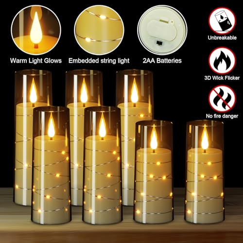 Image of Flickering Flameless Candles String Lights with 11-Key Remote and Timer Battery Operated LED Pillar Candles Unbreakable Plastic Glass 3D Wick Mood Light Christmas Holiday Decor-7 Pack Black