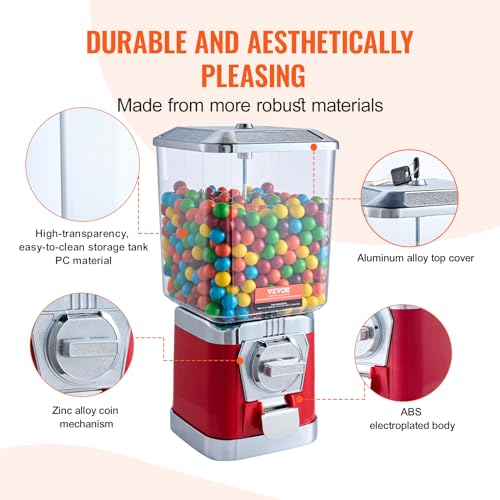 Image of VEVOR Gumball Machine for Kids, 17 inchH Home Candy Vending Machine, PC Gumball Dispenser, Bubble Gum Machine for Game Stores, Coin Operated Gumball Bank for Toy Capsules Bouncy Balls Candy, Red