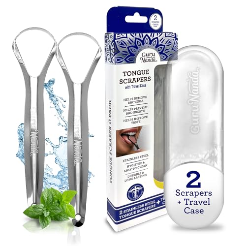 GuruNanda Tongue Scraper for Adults (2 Pack) with Travel Case, 420 Medical-grade 100% Stainless Steel Tongue Cleaner, Aids in Fresh Breath & Oral Care