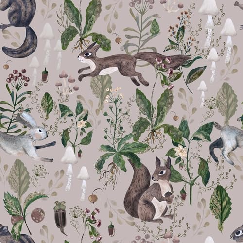 PODUFF Nursery Woodland Animals Wallpaper – Peel and Stick Wallpaper with Squirrels, Rabbits, Mushrooms and Botanical Elements – Nature Forest Wall Paper for Kids Room and Playroom, 17.7in x 118in