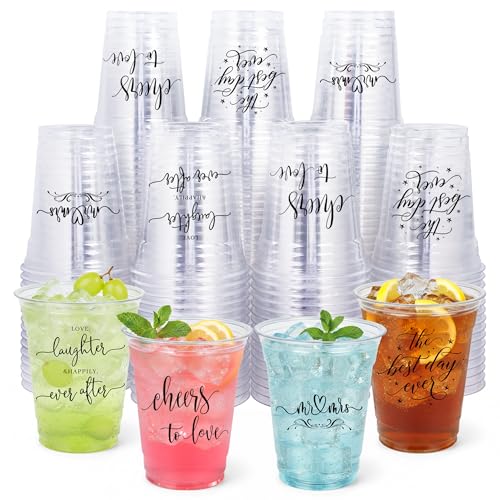 Edussy 200 Pack Disposable Wedding Plastic Cups Decor-4 Pattern 12 oz Mr and Mrs Cups for Wedding Stuff Decorations for Reception Bridal Shower Anniversary Party