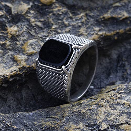 Skoomen Sterling Silver Ring For Men, Black Aqeeq Silver Ring With Jewelry Box, Ottoman Gem Stone Ring For Dad, Large Punk Hippie Ring Band Gifts For Christmas Birthday (Size 11) #TOP3