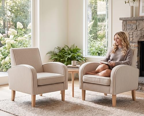 Image of Farmhouse Striped Accent Chairs for Living Room Set of 2, Linen Fabric Modern Comfy Armchairs with Cushion, Upholstered Striped Reading Chairs for Bedroom Couch Chair with Wood Legs, Khaki