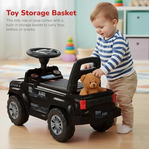 Image of Baybee Rover Baby Ride on Car for Kids | Portable Rideons Jeep with LED Lights & Music | Push Ride on Toys Car with Backrest & Toy Storage Basket | Kids Car to Drive 1-3 Years (Black)