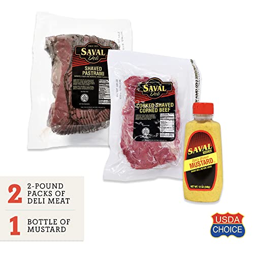 Saval Deli | Pastrami Brisket, Sliced; Corned Beef, Shaved; Spicy Brown Mustard | Gluten Free, Usda Choice Beef | 2 Pounds, Pack Of 2 #TOP1