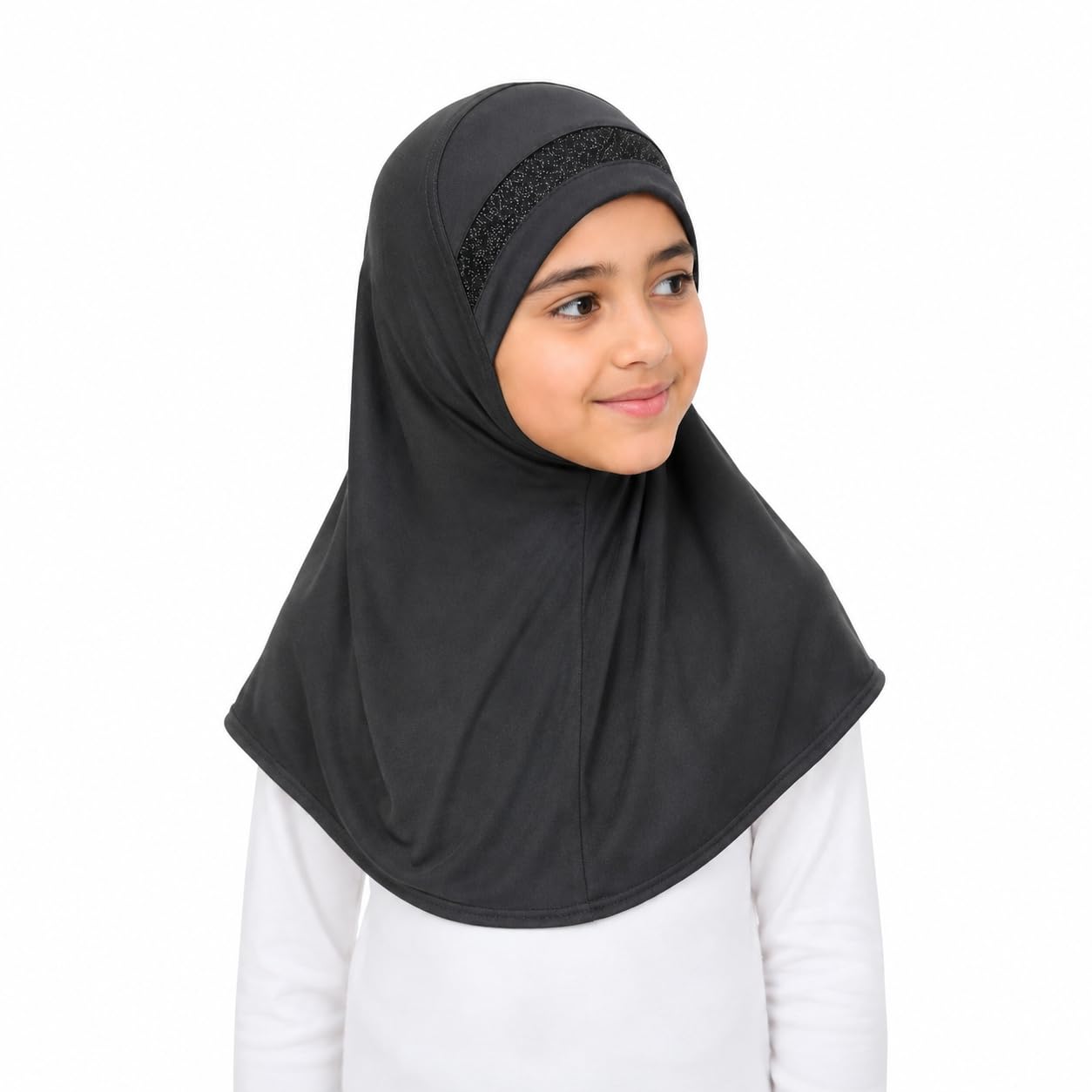 Yaqeen Girls instant headscarf hijab al Amira with glitter borde, readymade pull on scarf, ideal for any occassion school/nursery (Black)