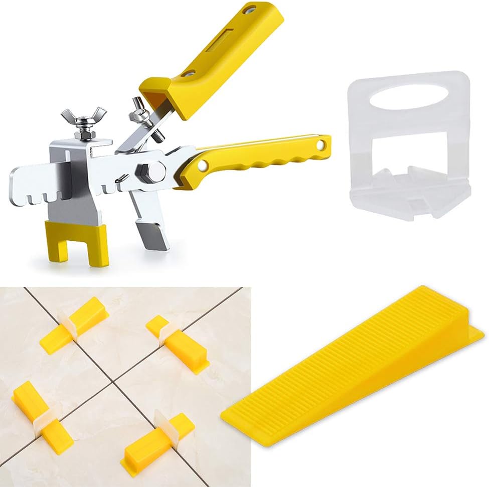 Tile Leveling System Tiles Leveler Spacers - Lippage free tile and stone installation for PRO and DIY - 300 Piece Leveling Spacer Clips 100-Piece Reusable Wedges and 1 Installation Pliers (1/8 Inch)