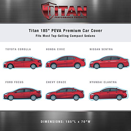 Image of Titan Premium Multi-Layer PEVA Car Cover for Compact Sedans 176-185 inch. Waterproof, UV Protection, Anti-Scratch Protective Lining, Driver-Side Zippered Opening. Fits Corolla, Sentra, Cruz and More.