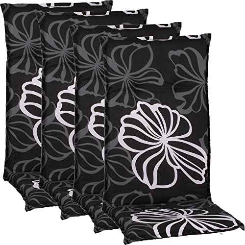 nxtbuy Gartenstuhl-Auflage Barcelona 118x50 cm Black Flower 4er Set - Hochlehnerauflage für Gartenstühle - Stuhlauflage mit Komfortschaumkern - Made in EU / ÖkoTex100 Cover