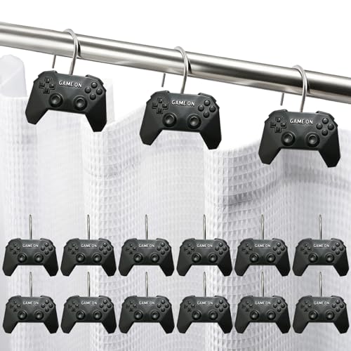 Game Theme Shower Curtain Hooks - 12PCS Video Game Controller Bathroom Decor, Gaming Gift for Gamers, Boys, Kids Bedroom Playroom Console Resin Stainless Steel Hooks Rings Waterproof Easy to Install