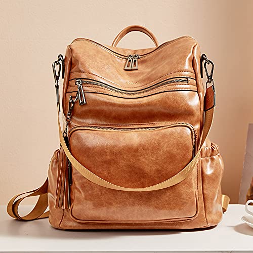 Image of Backpack Purse for Women Fashion Two Toned Leather Designer Travel Large Ladies Shoulder Bags with Tassel brown