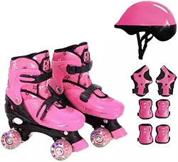 Patins 4 Rodas Ajustáveis com Kit de Proteção Resistente, Rodas em Led, DM Radical