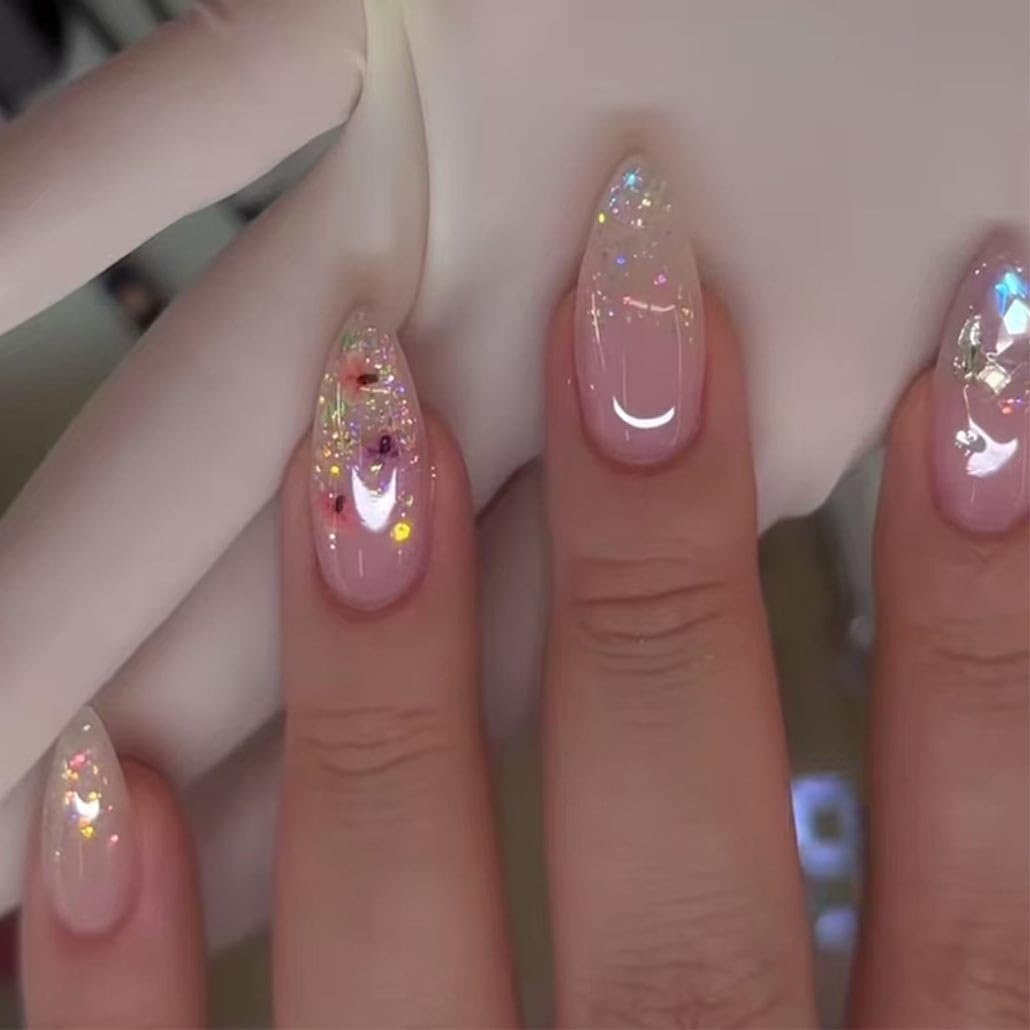 Foccna Press on Nails Pink Artificial Nails Medium White French Fake Nails Almond Rhinestone Bling Glossy 3D Flower False Nail Tips Finger Manicure for Women and Girls,24pcs (Almond Nails 4)