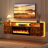 LEMBERI Floating Fireplace TV Stand 70'' Wall Mounted Shelf, LED Light Entertainment Center and Storage, Modern Wood Media TV Console with Highlight Cabinet for Living Room (Brown)