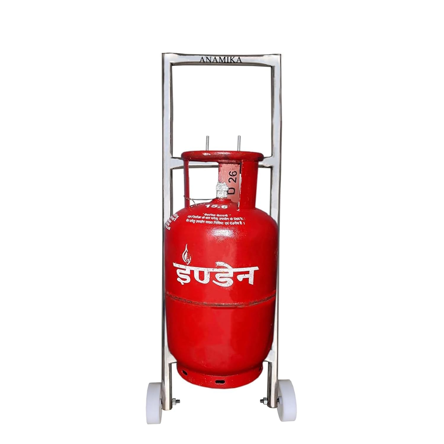 ANAMIKA Heavy Duty LPG Gas Trolley with Wheels & Dual Hooks | Easy Grip Handle for Effortless Gas Movement | Strong Metal Stand for Home Kitchen | Durable Gas Carrier Trolley (Silver)