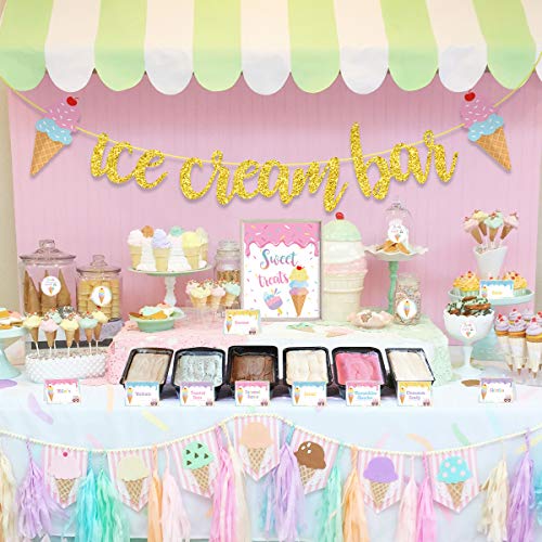 Ice Cream Bar Decor Kit, Summer Ice Cream Sundae Bar Glitter Banner Ice Cream Table Sign Food Labels Tents Cup Tag Sticker for Ice Cream Theme Baby Bridal Shower Bday Wedding Graduation Party Supplies