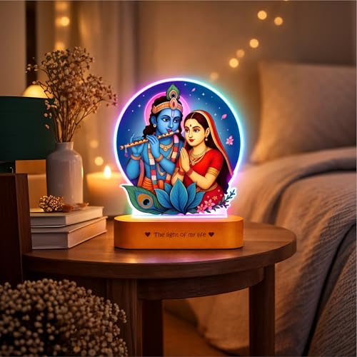 Image of ZOCI VOCI Radha Krishna LED Lamp with Wooden Base - Krishna Night Light for Pooja Room, Radha Krishna Photo Frame Lamp for Home Temple Decor, Bedside Table Lamp (RGB Smooth - (No Remote))