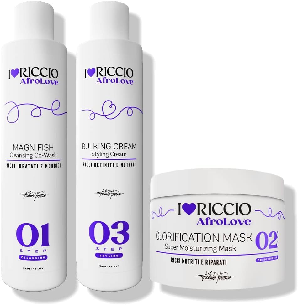 I Love Riccio Kit AfroLove, Include una Crema Lavante Co-Wash, una Maschera e una Crema Styling, Burro di Karité, Olio di Avocado, Olio di Cocco e Proteine del Grano, Indicato per Capelli Afro