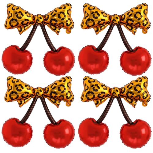 Outus 4 Pcs Cheetah Print Cherry Balloons-20 Inch Leopard Foil Balloons, Cheetah Print Birthday Decorations Cherry Party Decor for Women Birthday Bachelorette Baby Shower Summer Themed Party (Leopard)