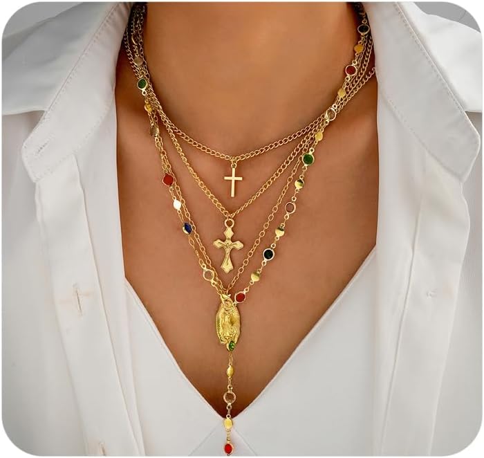 Gold Stacked Cross Lariat Necklace for Women Vintage Layered Cross Virgin Mary Colorful Crystal Y Necklace Dainty Cocktail Party Jewelry