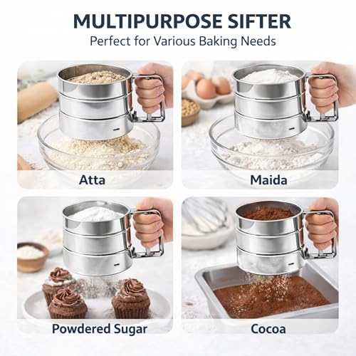 Image of Stainless Steel Flour Sifter Cup, Hand Press Atta Chalni /Atta Channi, Fine Mesh Flour Sieve for Baking, Maida, Powdered Sugar & Cocoa, Durable Kitchen Tool