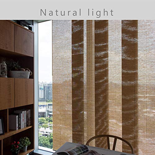 Godear Design Deluxe Adjustable Sliding Panel Track Blind 45.8"- 86" W X 96" H, Extendable 4-Rail Track Patio Door Blind For Sliding Door, Trimmable Natural Woven Fabric, Light Filtering, Bubo #TOP2