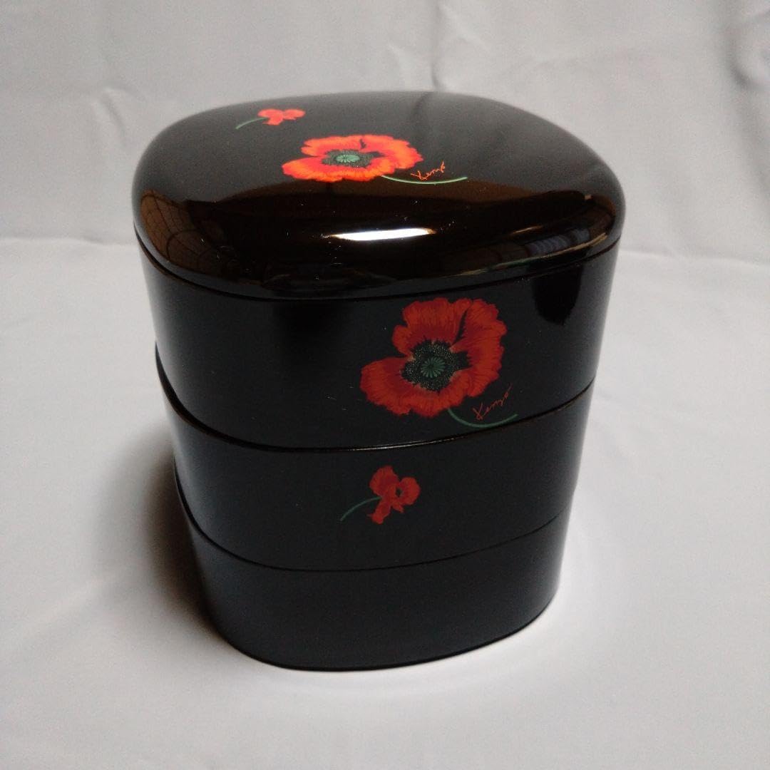漆器 重箱 赤いポピーの花 箱 品質保証書つき