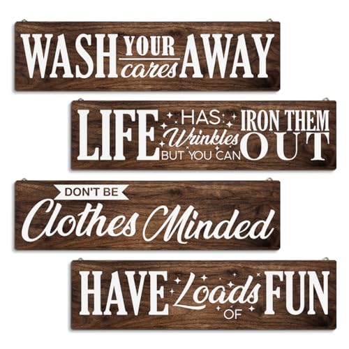 4 Pcs Laundry Room Decors, Four Pieces Hanging Wall Plaques, Funny Laundry Room Wall Art, Farmhouse Laudry Quotes Sign, Wall Decor Art, Wash Away - Life Out - Clothes Minded - Have Loads of Fun Sign H