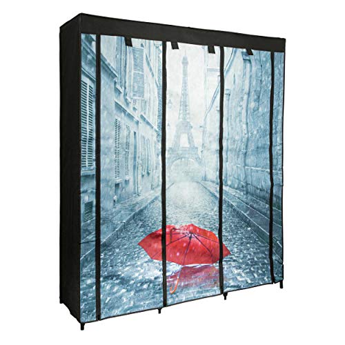 ONVAYA® Stoffschrank schwarz | Faltschrank mit Motiv London oder Paris | Kleiderschrank aus Stoff | Textilschrank mit Kleiderstangen (schwarz - Motiv Paris)