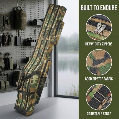 Bolsa de pesca, estuche de pesca de 150 cm, 3 compartimentos, impermeable, plegable, estuche para cañas, herramientas pescar con correa de transporte para cañas, sacadera, accesorios (Marrón claro)