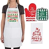 4 Pack Christmas Baking Set - Baking Aprons, Pot Holder, Oven Mitt and Kitchen Towel - Cute Xmas Kitchen Gift Set for Mom Wife Girlfriend Aunt Grandma