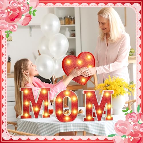 Image of Aurelema 4 Pcs Mother's Day LED Lights Light up Letters Mom Light Sign Battery Powered Heart up Letters for Mom Party Decor Night Home Family Supplies(Red)