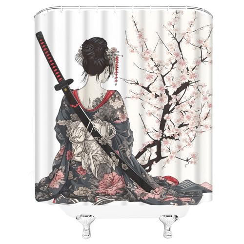 Filmilil BS-7543AM-180X180 Japanese Shower Curtain Geisha Cherry Blossom Branch Asian Sexy Glam Women Anime Chinese Traditional Ink Painting Charming Bathroom Curtain Set Polyester Fabric Hooks 70 X 70 Inch thumb #2