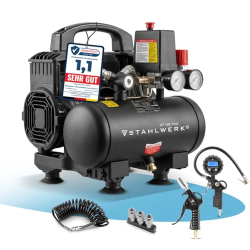 STAHLWERK Kompressor mit 3 L Tank (ST-38 Pro) – mit Zubehör – ölfrei & leise, 8 bar, 1,6 PS, 1,18 kW, 190 l/min, 67 dB, Druckluftkompressor mit Brushless-Motoren, Silent-Kompressor, Flüsterkompressor