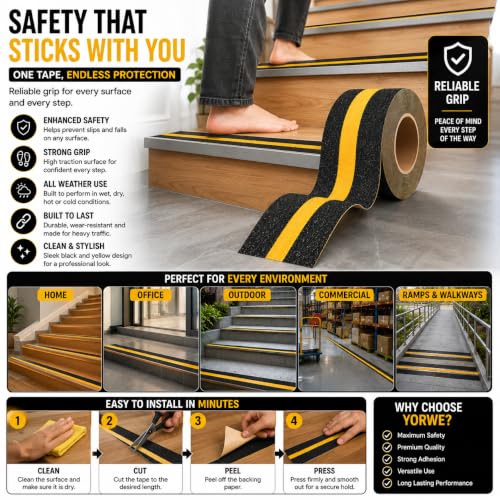 Image of YORWE Anti Slip Stair Tape with Glow in the Dark Strip - Heavy Duty Waterproof Non Slip Traction Tape for Stairs, Steps, Outdoor & Indoor Safety (Black and Yellow, 5 Meter)