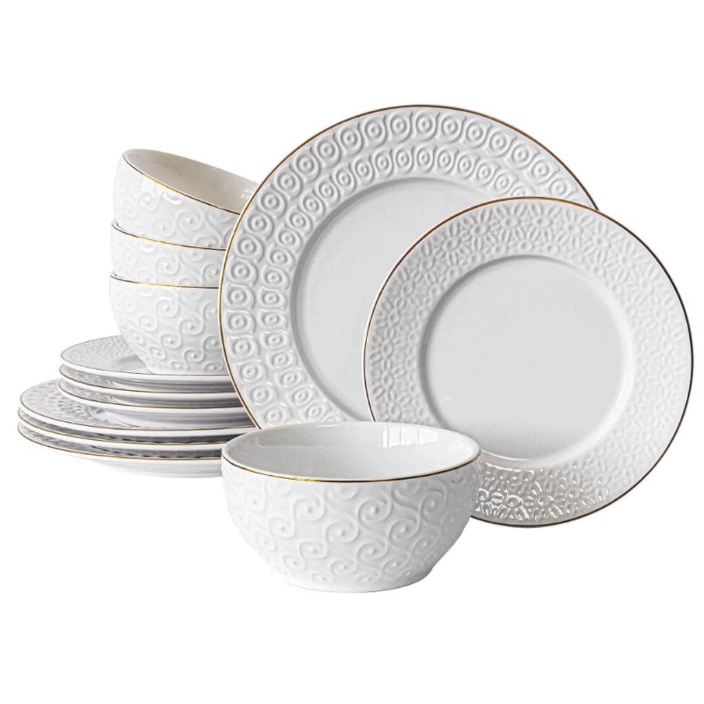 Ensemble de vaisselle en grès gaufré 12 pièces rondes pour service de table complet