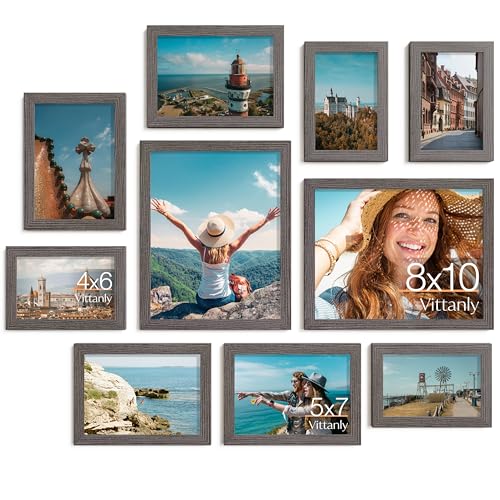 Image of Vittanly Picture Frames Set of 10, Picture Frames Collage Wall Decor with Two 8x10, Four 5x7 and Four 4x6 Photo Frames, Gallery Wall Frame Set for Wall or Tabletop Display, Rustic Grey