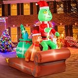 QwayHome Christmas Green Big Monster Inflatable Decorations, 6FT Light Up Christmas Outdoor Inflatable Decor Build-in 12 LED,Green Big Monster and Dog Driving Sleigh Steal Gifts Blow Up Decor for Yard