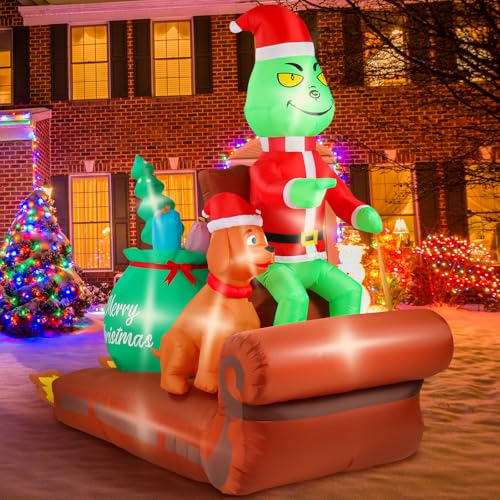 QwayHome Christmas Green Big Monster Inflatable Decorations, 6FT Light Up Christmas Outdoor Inflatable Decor Build-in 12 LED,Green Big Monster and Dog Driving Sleigh Steal Gifts Blow Up Decor for Yard