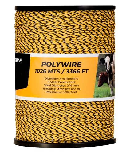 TRAE Electric Fence Polywire 3366 Feet (1026 Meters) | 6 Stainless Steel Strands for High Conductivity & Rust Resistance | 3mm UV-Resistant Poly Wire for Farms Gardens Horses & Pets