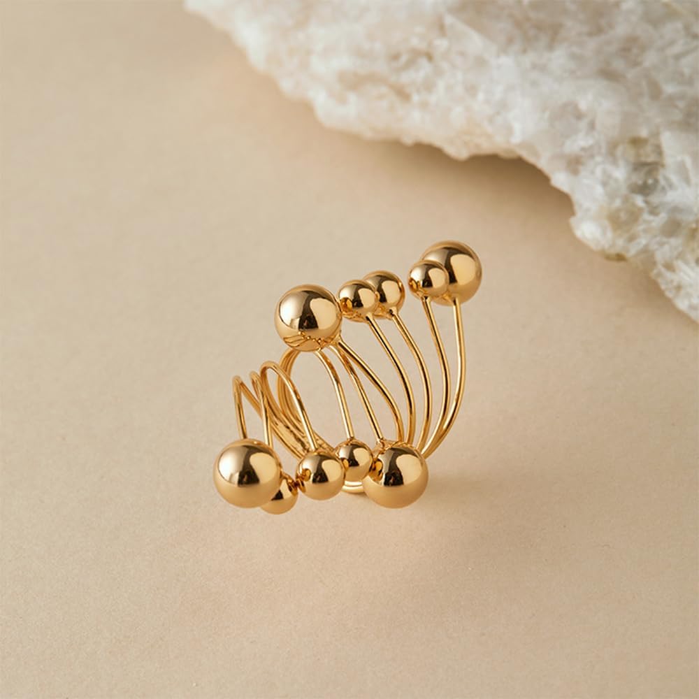 Fashion Small Ball Statement Ring for Women Gold-Tone Plated Minimalist Promise Adjustable Layered Round Balls Open Wrap Finger Stacking Rings Comfort Fit Geometric Unique Design Cocktail Party Jewelry - Image 3