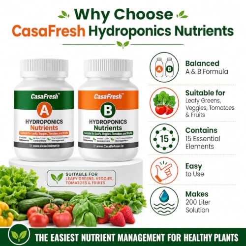 Image of Casa De Amor Hydroponic A & B Nutrients- Suitable for Leafy, Veggies, Tomatoes and Fruits, Solid Mixture | Contains 15 Elements, Makes 200 Liter Solution, Balanced Plant Nutrition for Hydroponics