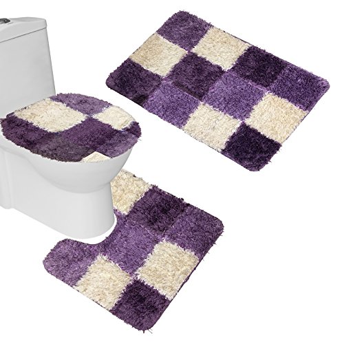 Amagical 3 Piece Bathroom Carpet Pedestal Lid Mat Toilet Cover Set Microfiber (Purple) #TOP21