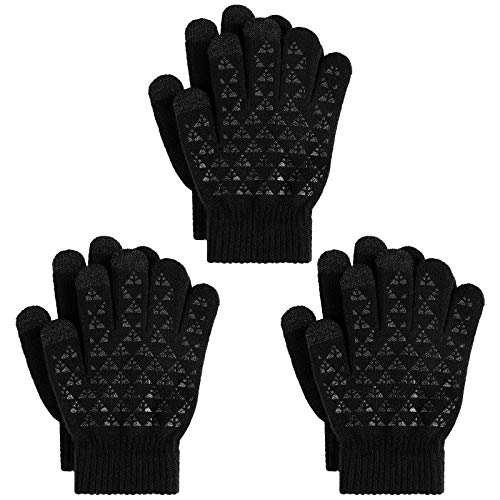 Cooraby 3 Pack Kids Knit Touchscreen Gloves Thick Warm Anti-slip Gloves Soft Stretch Gloves for Boys and Girls