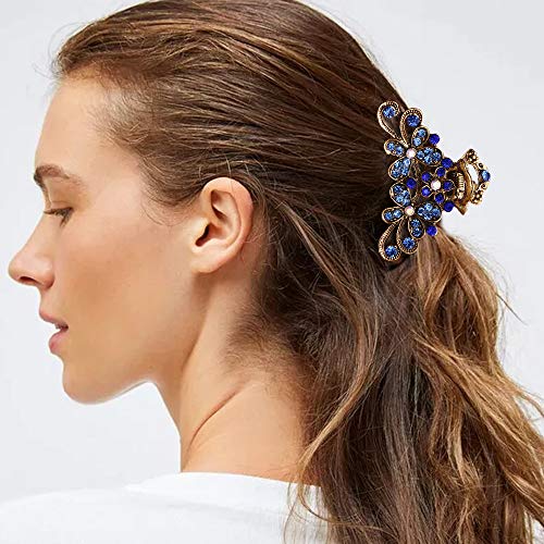 Crown Guide Vintage Rhinestone Hair Claw Crystal Jaw Clips,Metal Alloy Fancy Hair Barrette Decorative Flowers Hair Clasps Accessories For Women Thick Hair Blue #TOP2